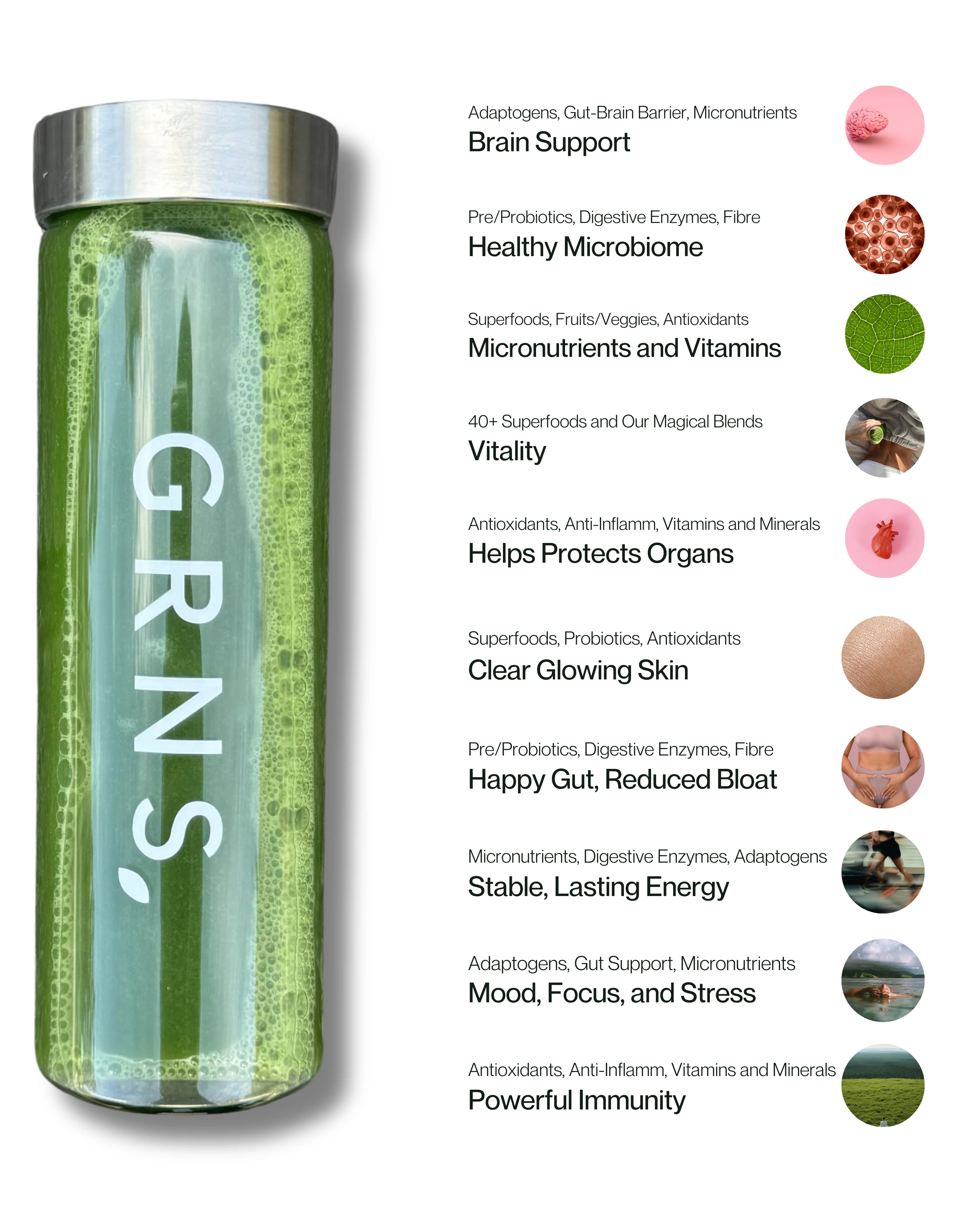 An informational with a greens powder drink in a glass bottle that says