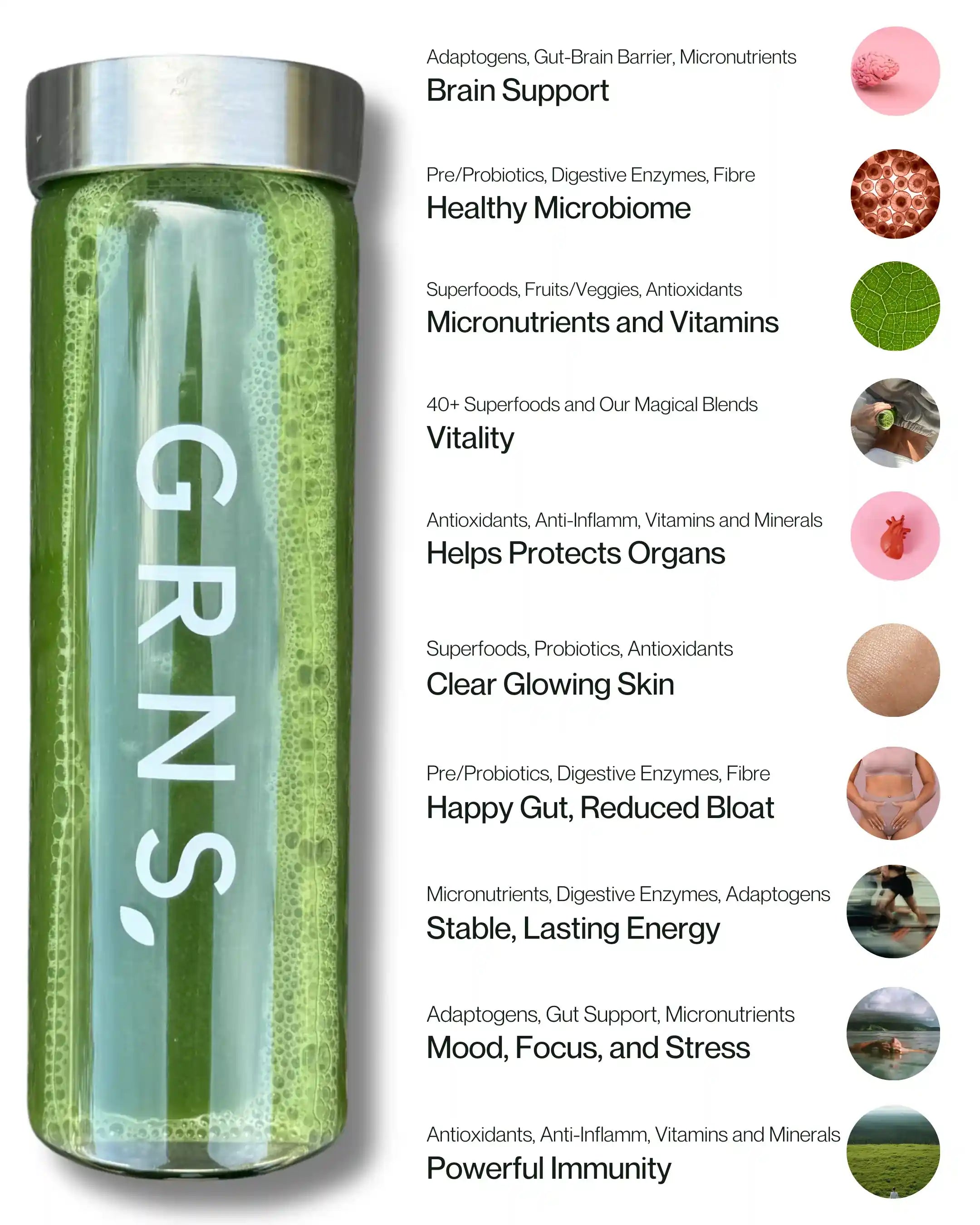 An informational with a greens powder drink in a glass bottle that says