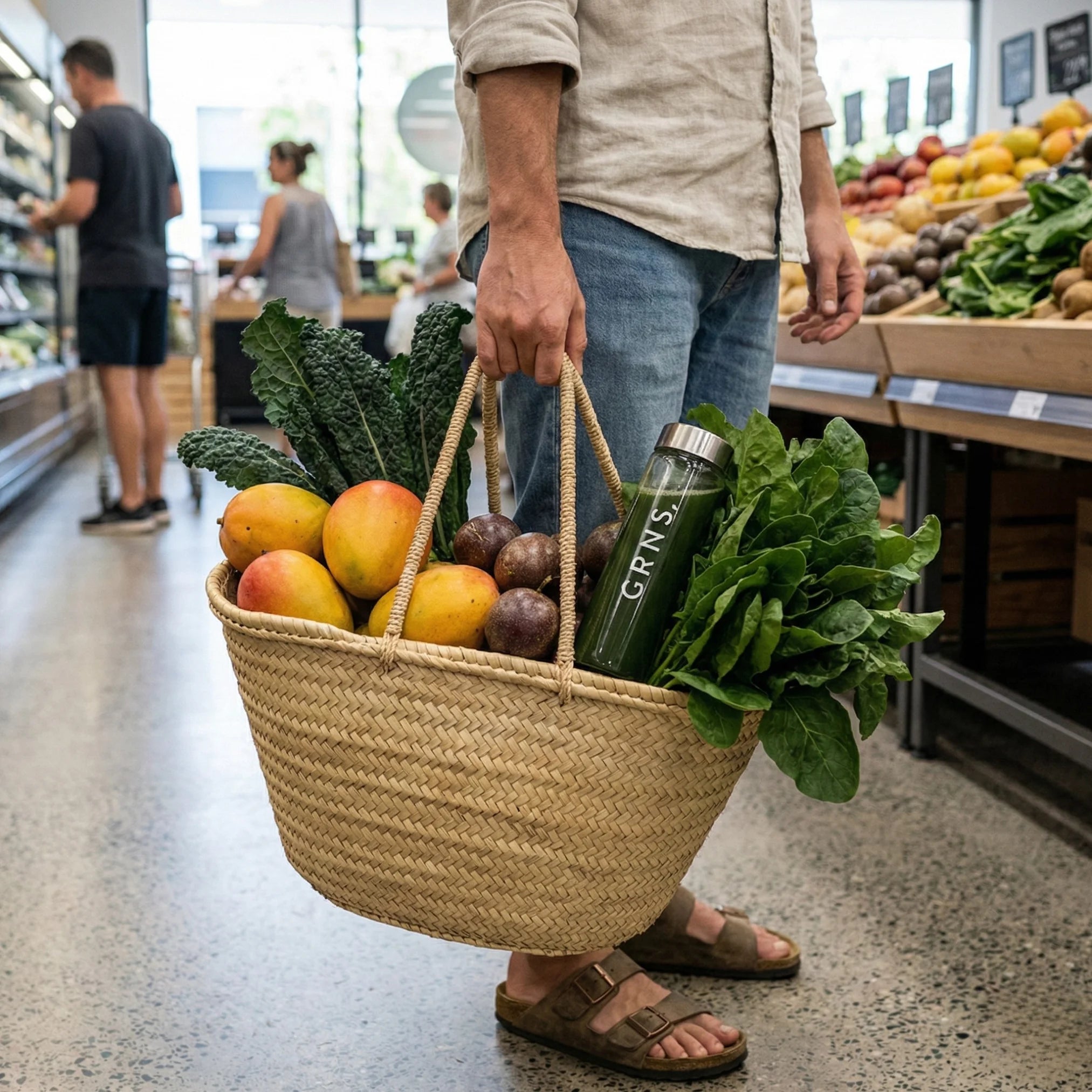 Close-up of a vibrant green drink with ice cubes in a clear glass, illuminated by natural sunlight, emphasising freshness and vitality
