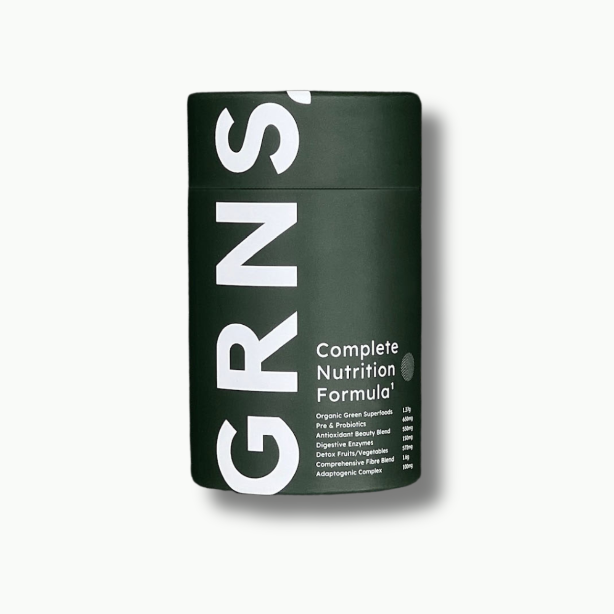 A tub of greens powder called GRNS