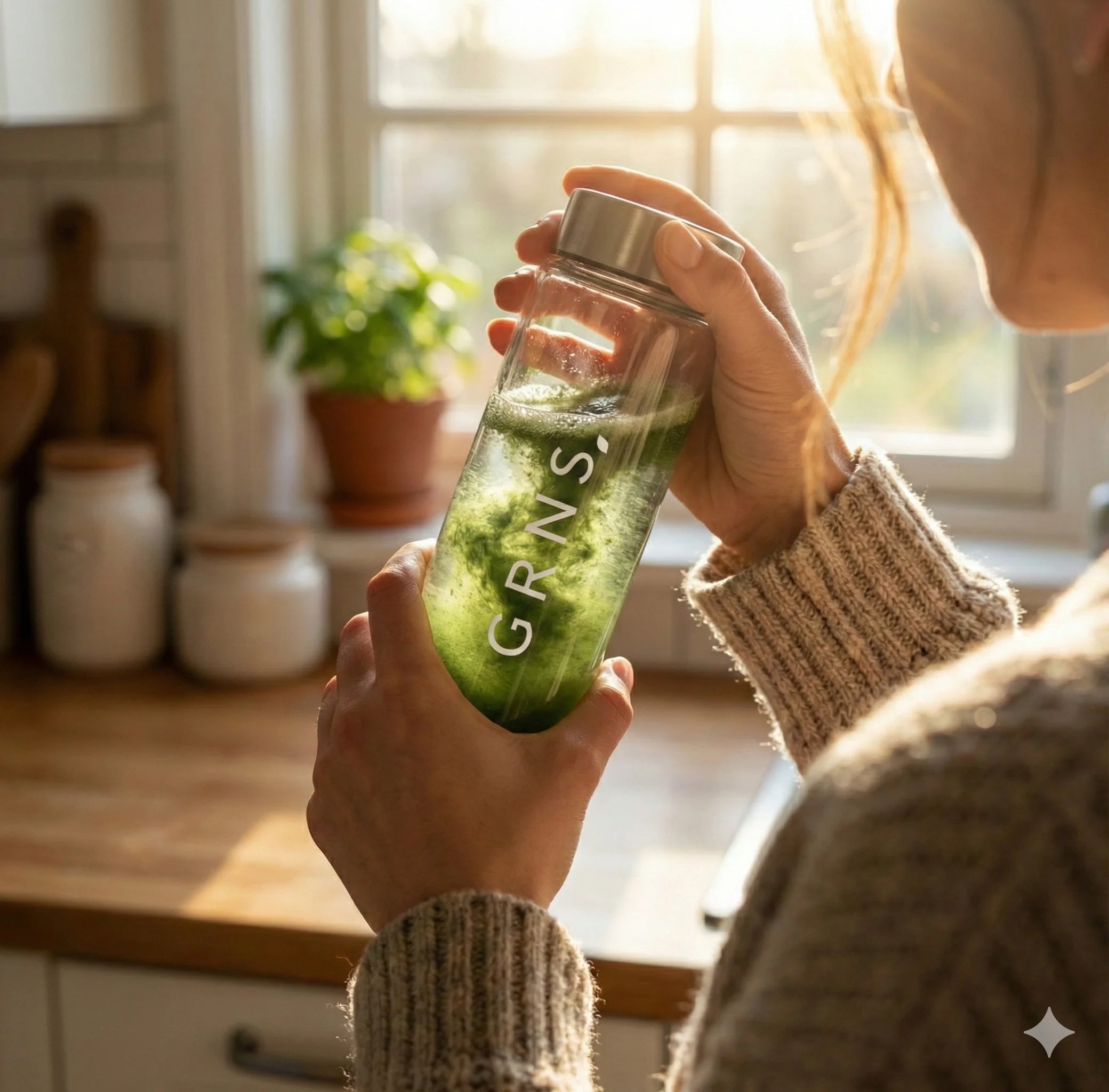 An athletic man holding a glass of greens powder