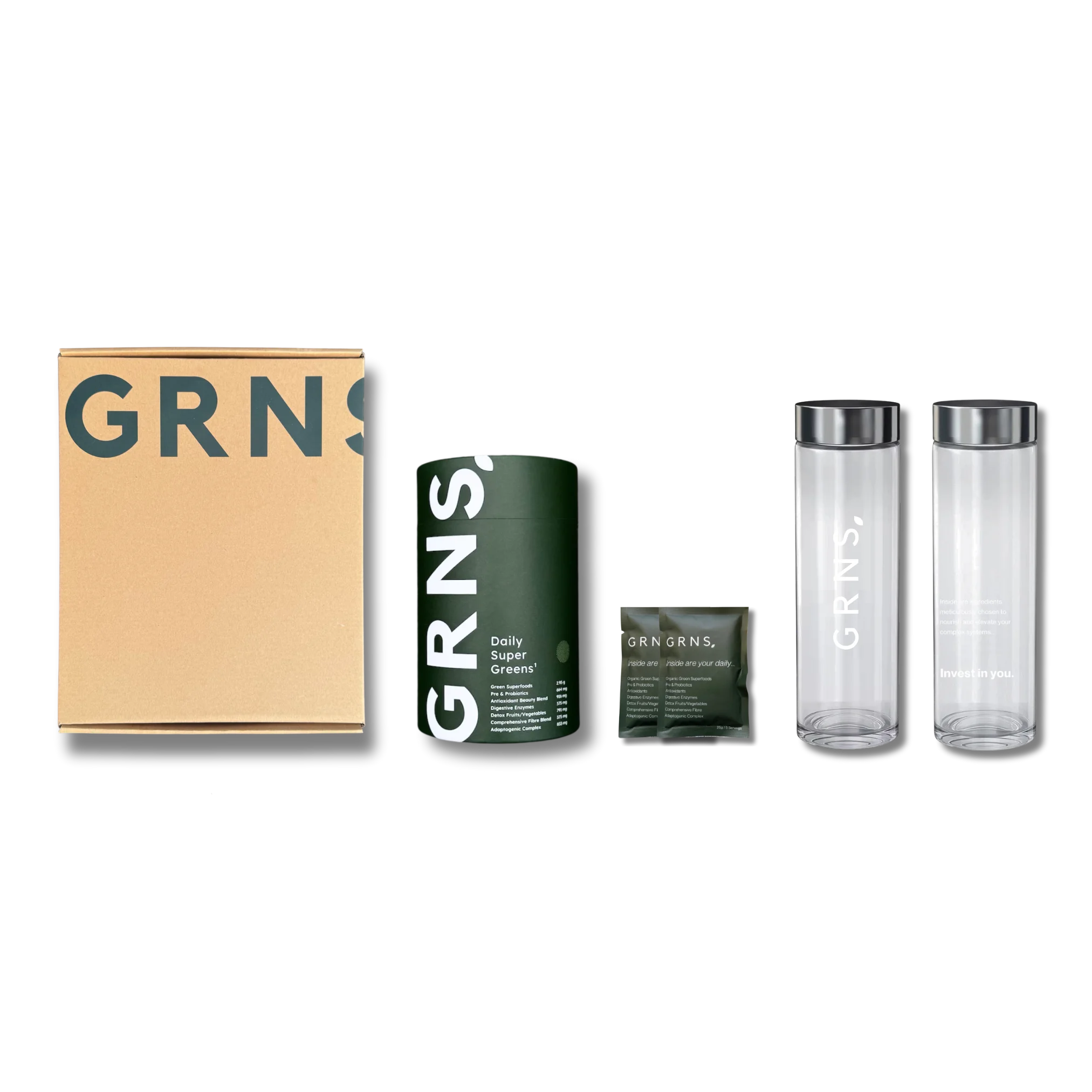 GRNS Tub, Glass Bottle, and Sachets