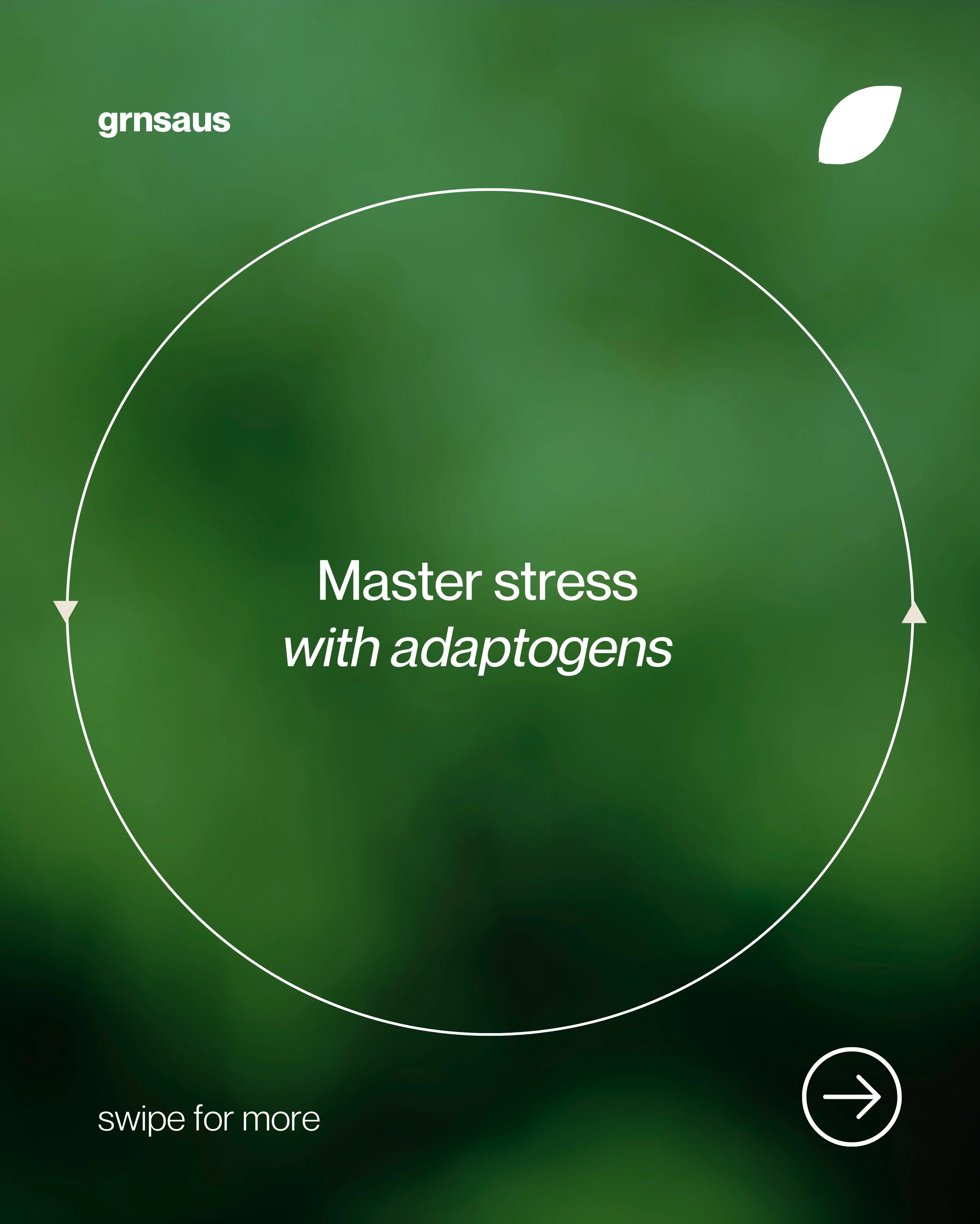 Simple green design showcasing the benefits of adaptogens for stress management, encouraging a natural approach to mental wellness with GRNS Australia