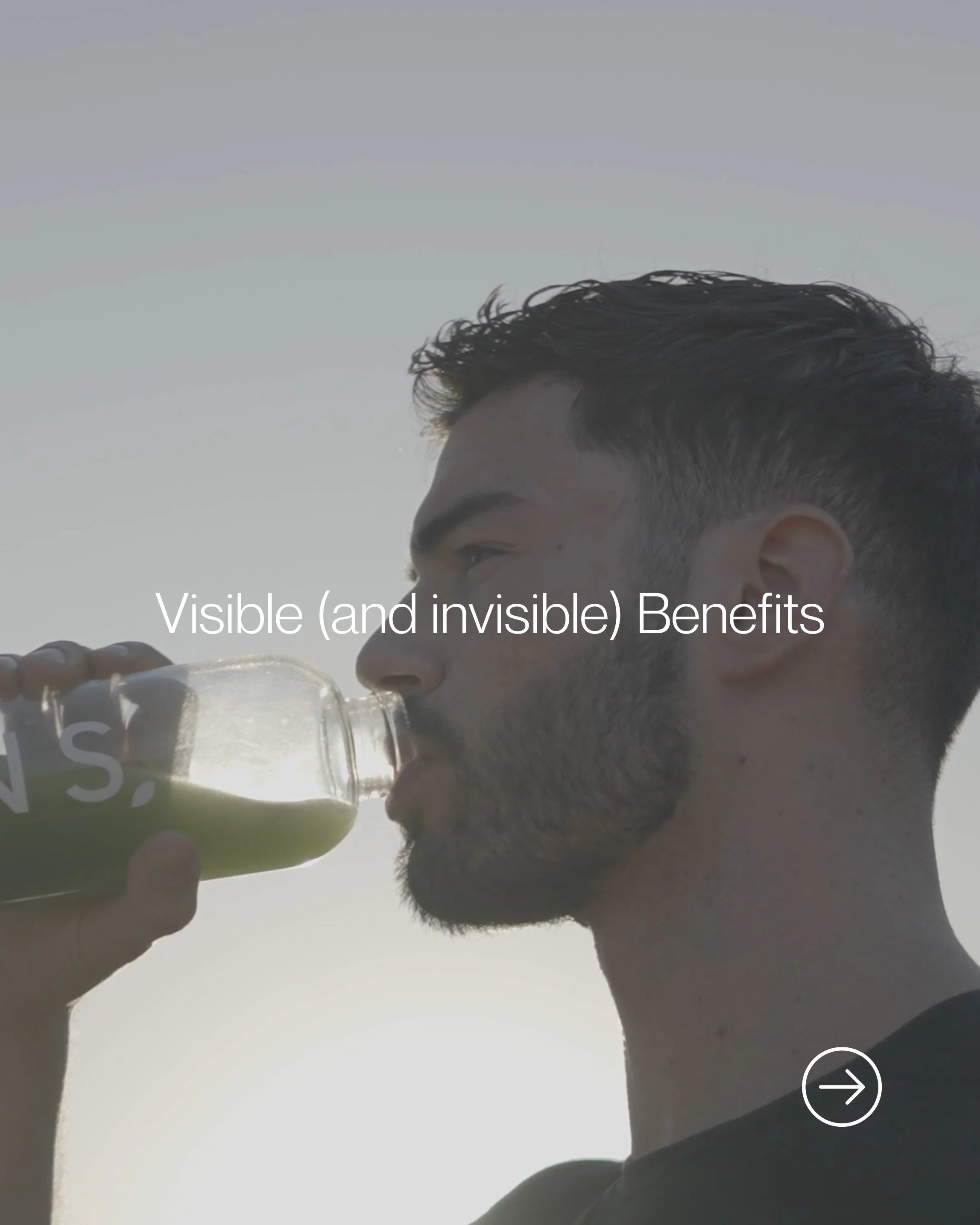 Athletic Man drinking a fresh greens powder mix from a bottle, highlighting both visible and invisible health benefits, symbolising vitality and wellness with GRNS Australia