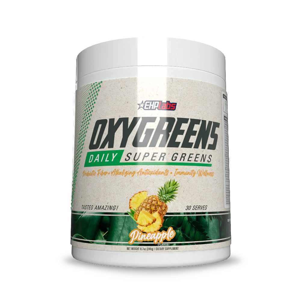 A product shot of EHP Labs OxyGreens