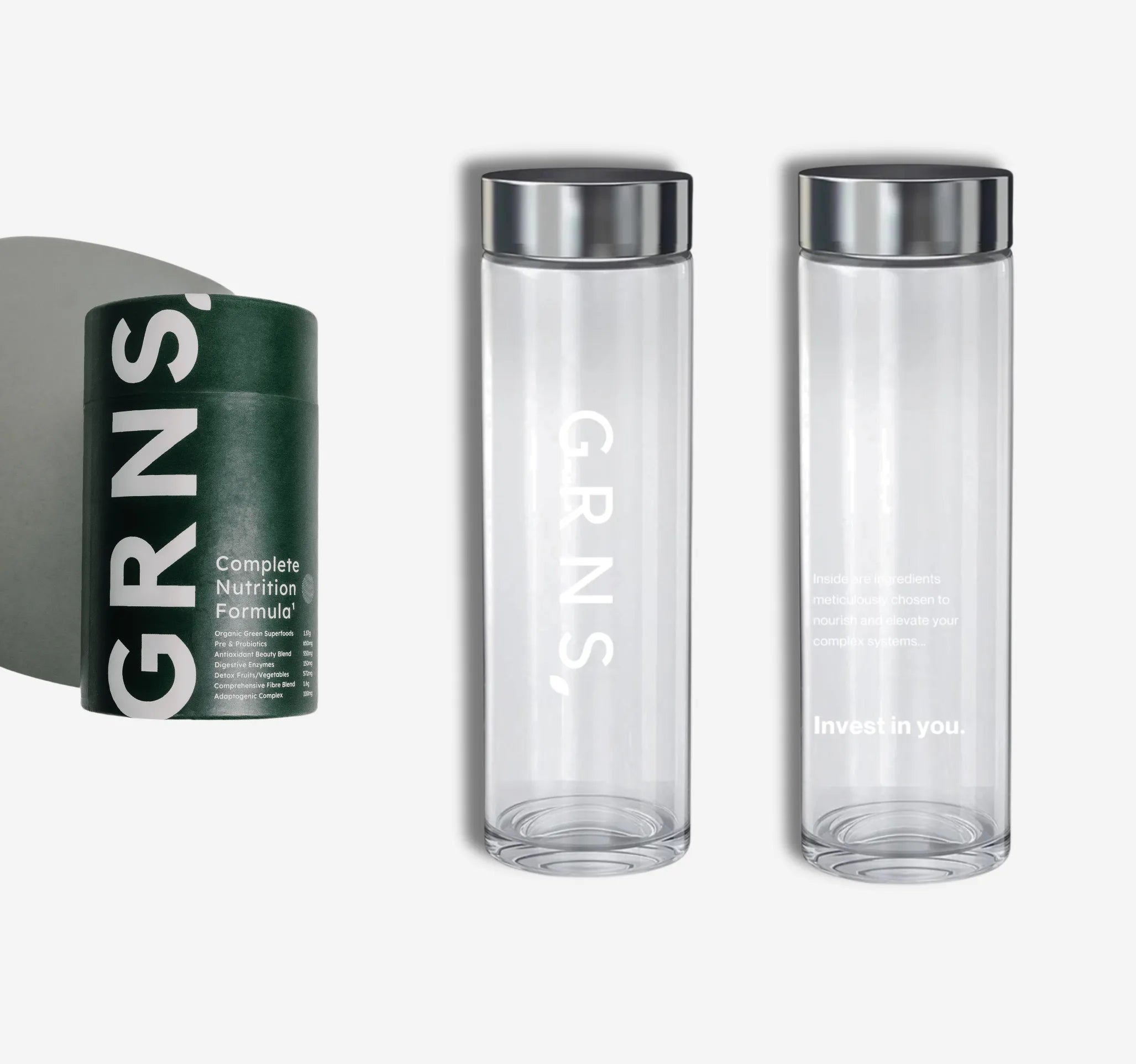 GRNS powder bottle and tub